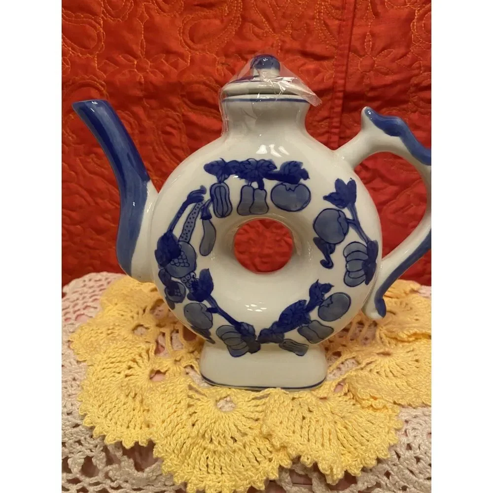 Cobalt‎ Blue Donut Shaped teapot With Lid Vegetable And Fruit Pattern. Mini